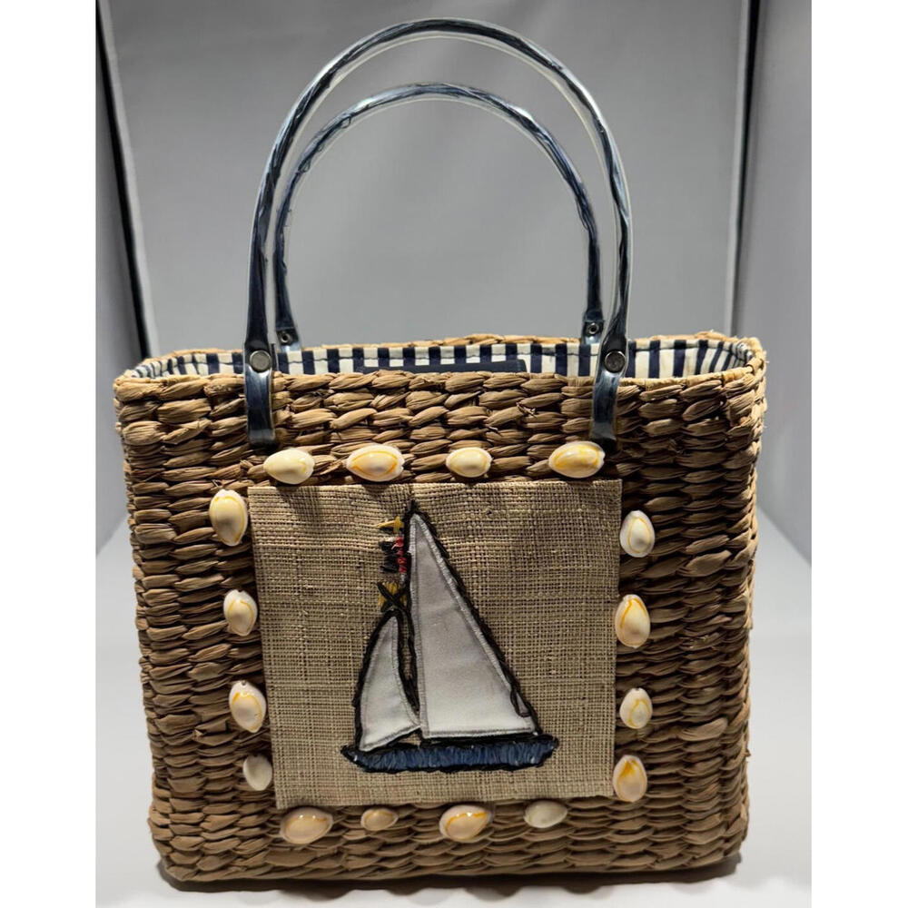 August Sun & Sand Sailboat Woven Purse Handbag Tote Wicker Beach Snap Closure